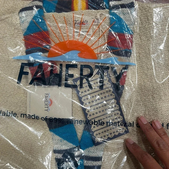 New Faherty Crow Stripes Tassel Organic Cotton Duster Cardigan M/ L - Picture 3 of 4